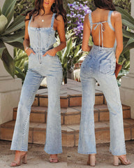 Strap Tube Top Denim Jumpsuit Pants