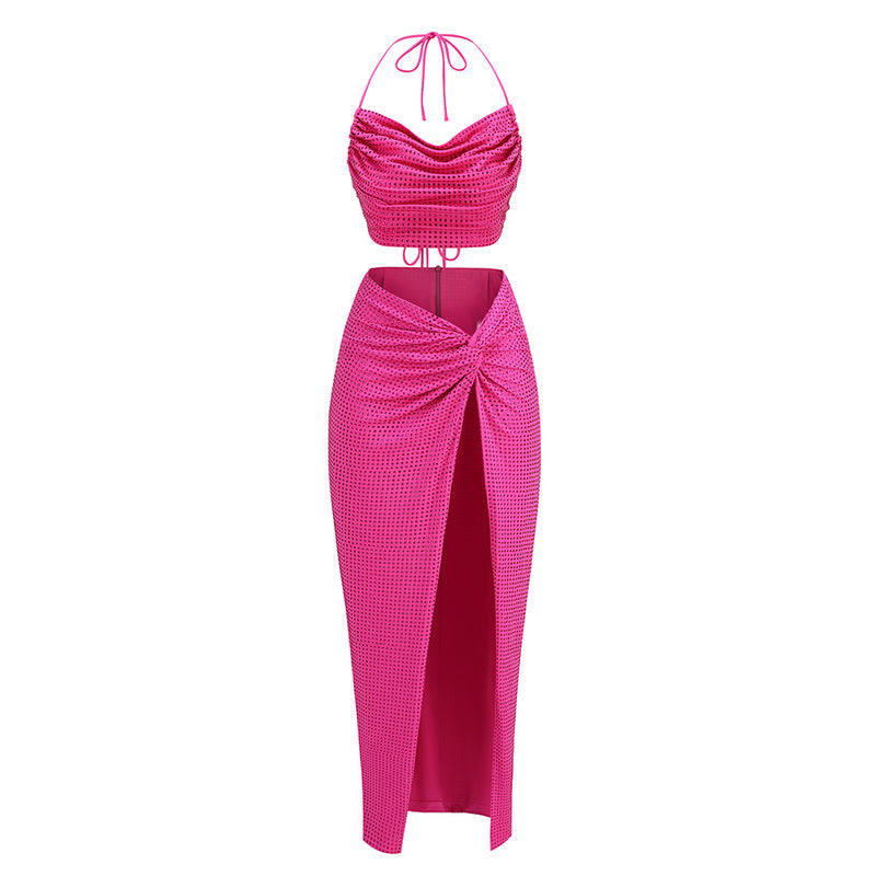 Honey Halter Neck Crop Top & Side Slit Skirt Set