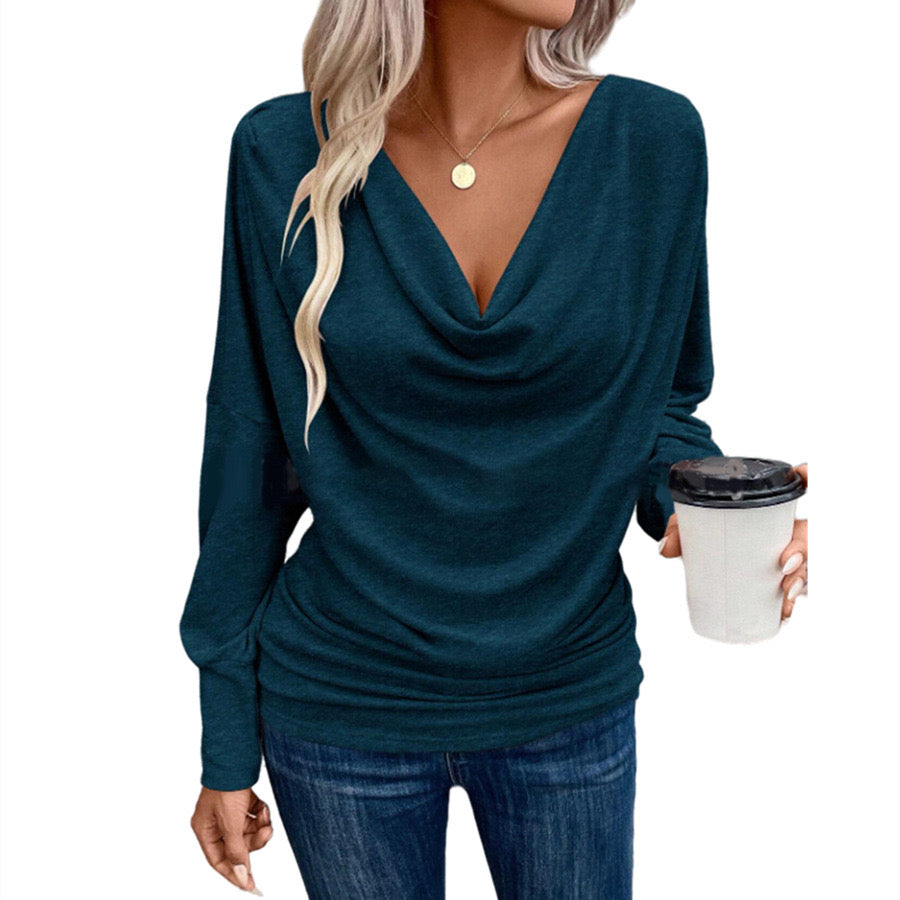 Womens Long Sleeve Ruched Top Slim Fitted Cowl Neck Wrap Shirts with Side Shirring - Zeagoo (Us Only)