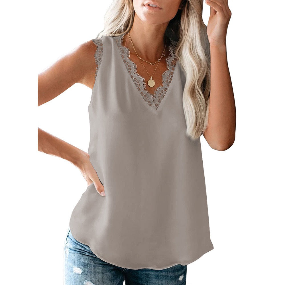Women's Silk Satin Tank Tops Lace Trim V Neck Casual Sleeveless Blouses Summer Basic Tank Shirt (Us Only)