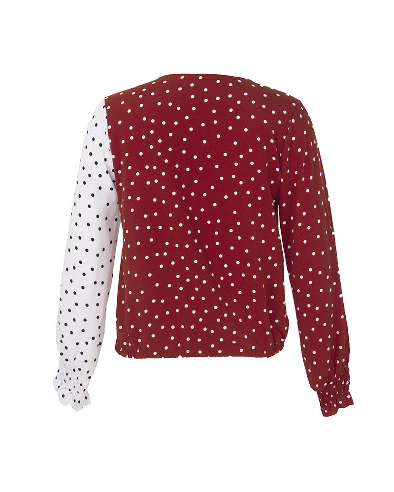 V Neck Polka Dot Splicing Bell Sleeve Shirt