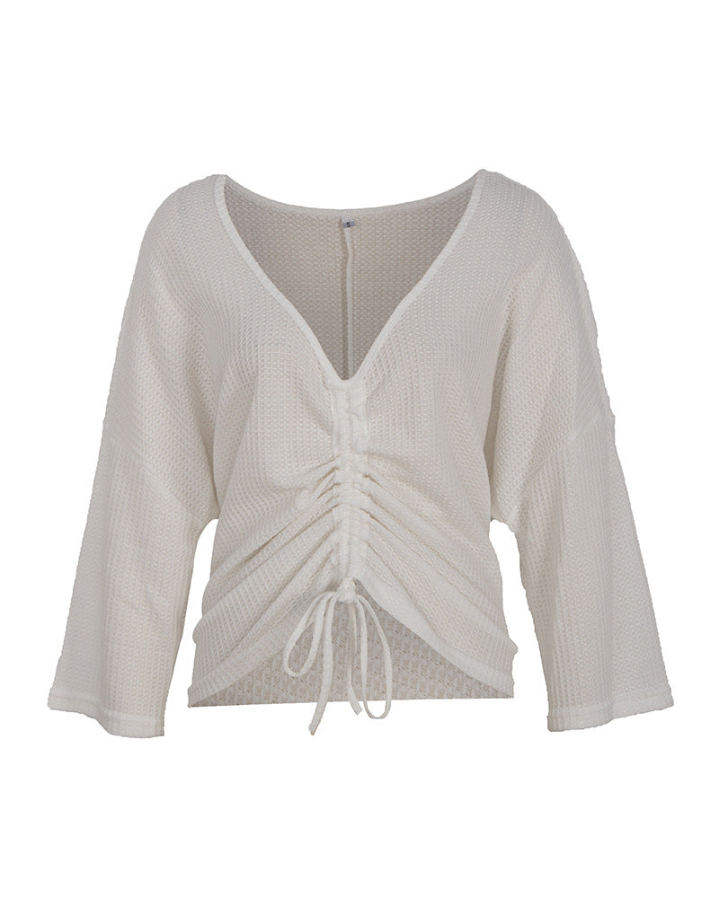 Women's Deep V Neck Loose Pleated Long Sleeve Sweater