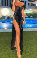 Esmeralda Feather Side Slit Maxi Dress