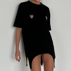 Janice Beaded Short-Sleeved T-Shirt Loose Irregular Top