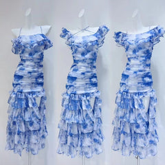 Jean Off The Shoulder Ruffle Chiffon Midi Dress