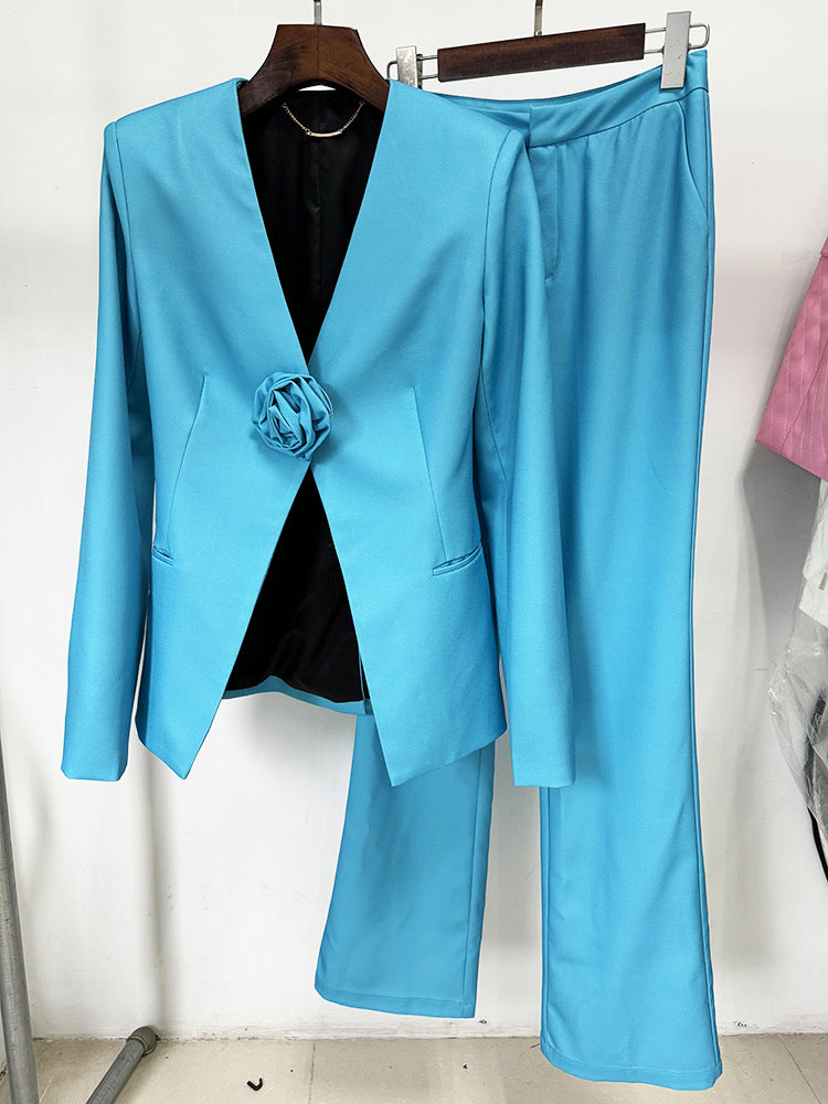 Kate Long Sleeve 3D Flower Embellished Top & Bell-bottoms Pants Set