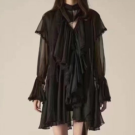 Kate Long Sleeve Chiffon Layered Lace Mini Dress