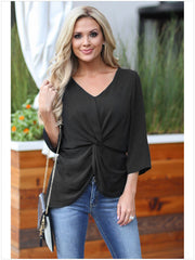 Women V Neck Collar Seven Quarter Sleeve Slim Shirt