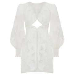 LeAnn Puff Sleeve Cut Out Floral Embroidered Mini Dress