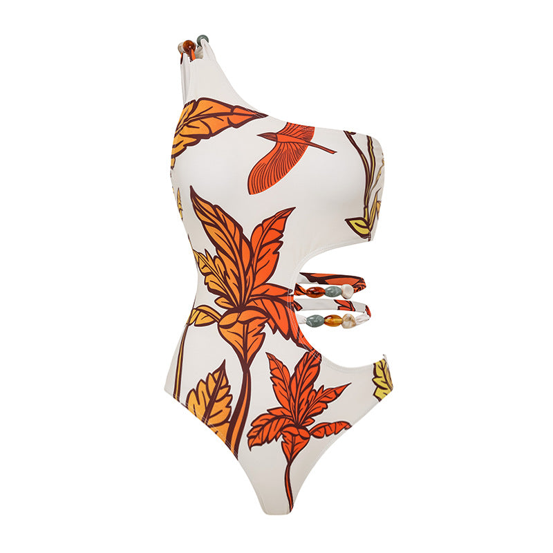 Mariah One Shoulder Leafy Bird Print Cut Out One Piece Swimsuit