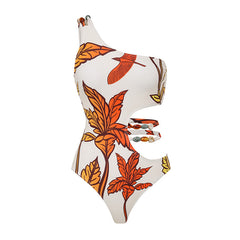 Mariah One Shoulder Leafy Bird Print Cut Out One Piece Swimsuit