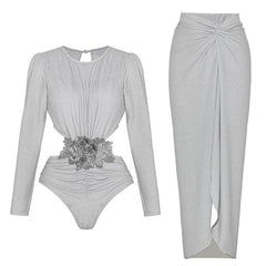 Maribel Long Sleeve Floral Bodysuit & Front Slit Long Skirt Set