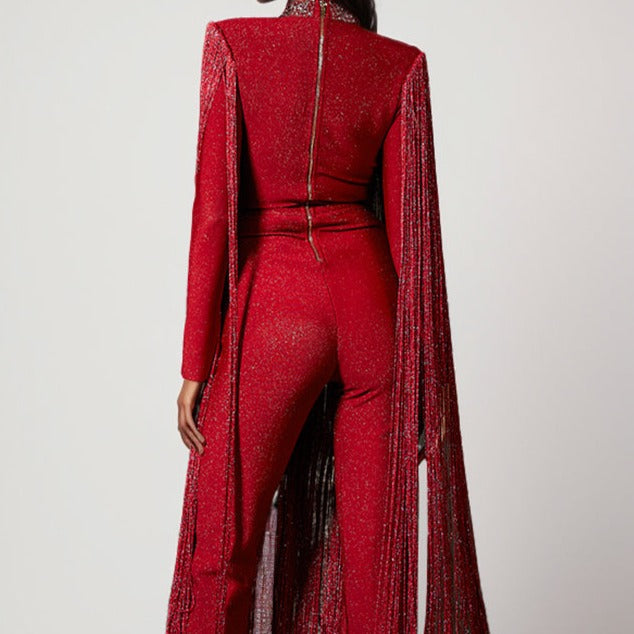 Mary Long Sleeve Fringe V-Neck Sequins Jumpsuit