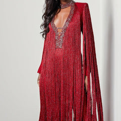 Mary Long Sleeve Fringe V-Neck Sequins Jumpsuit