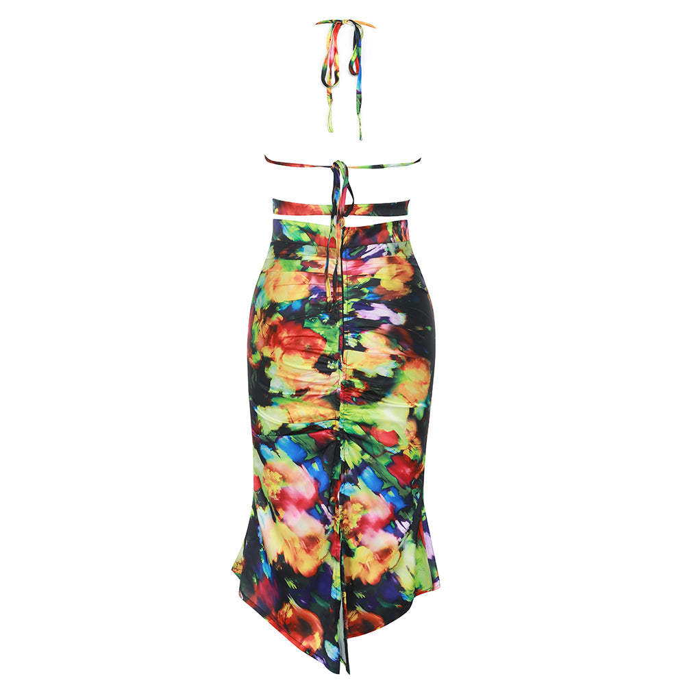 Melissa Printed Halter Top & Drawstring Ruched Skirt Set
