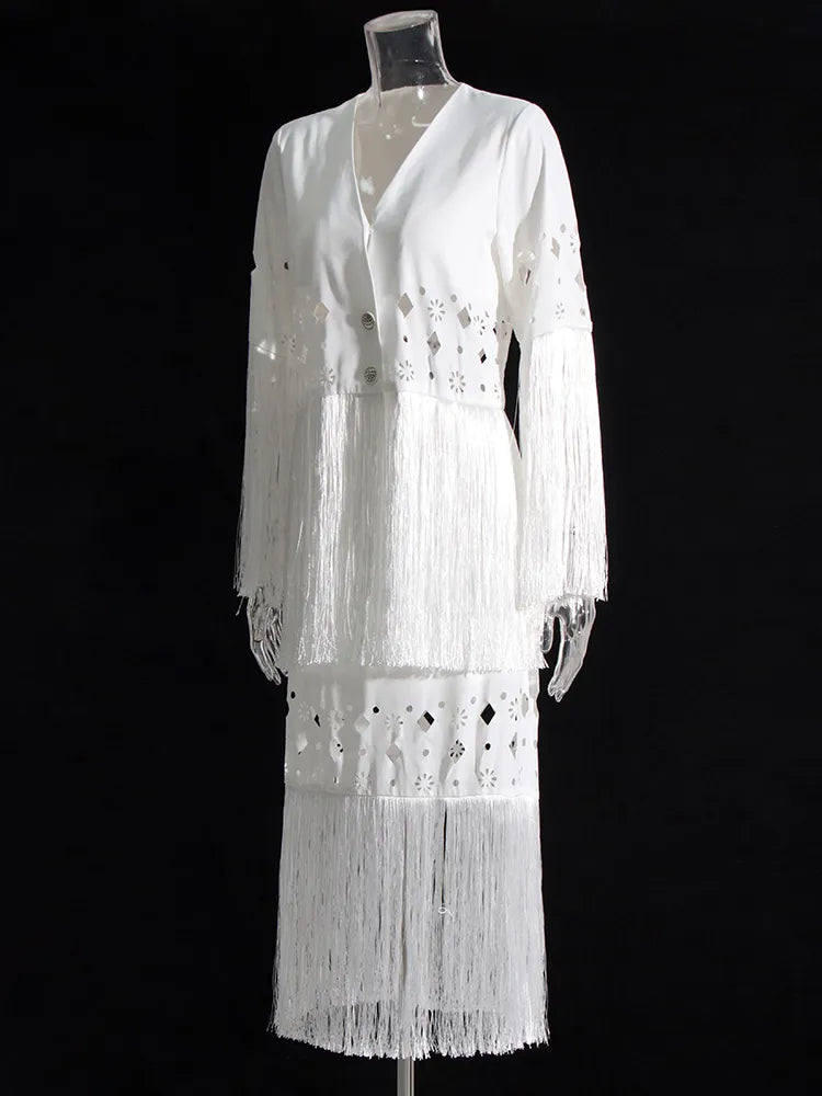 Mila White Fringe Tops & Skirt Set