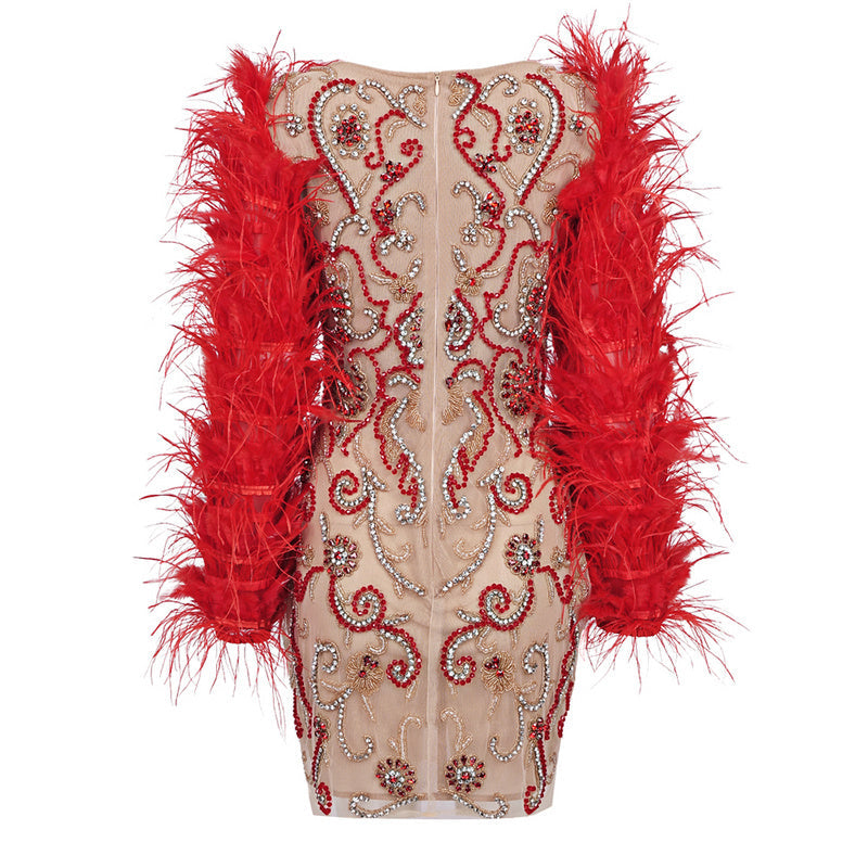 Mildred Feather Long Sleeve Beaded Mini Dress