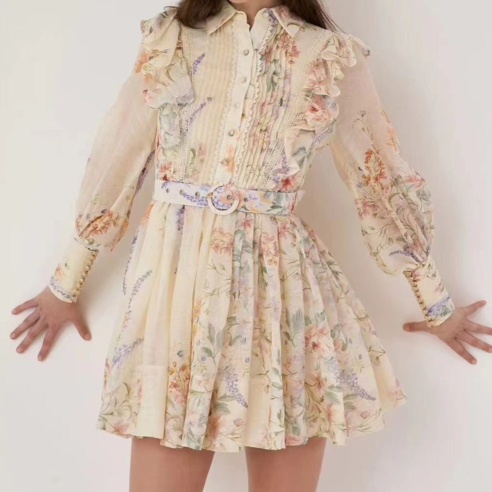 Moxie Long Sleeve Pleated Hem Floral Mini Dress