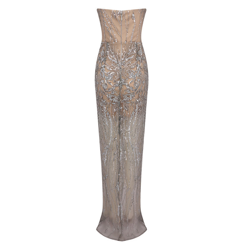 Nancy Strapless Crystal Beads High Slit Maxi Dress