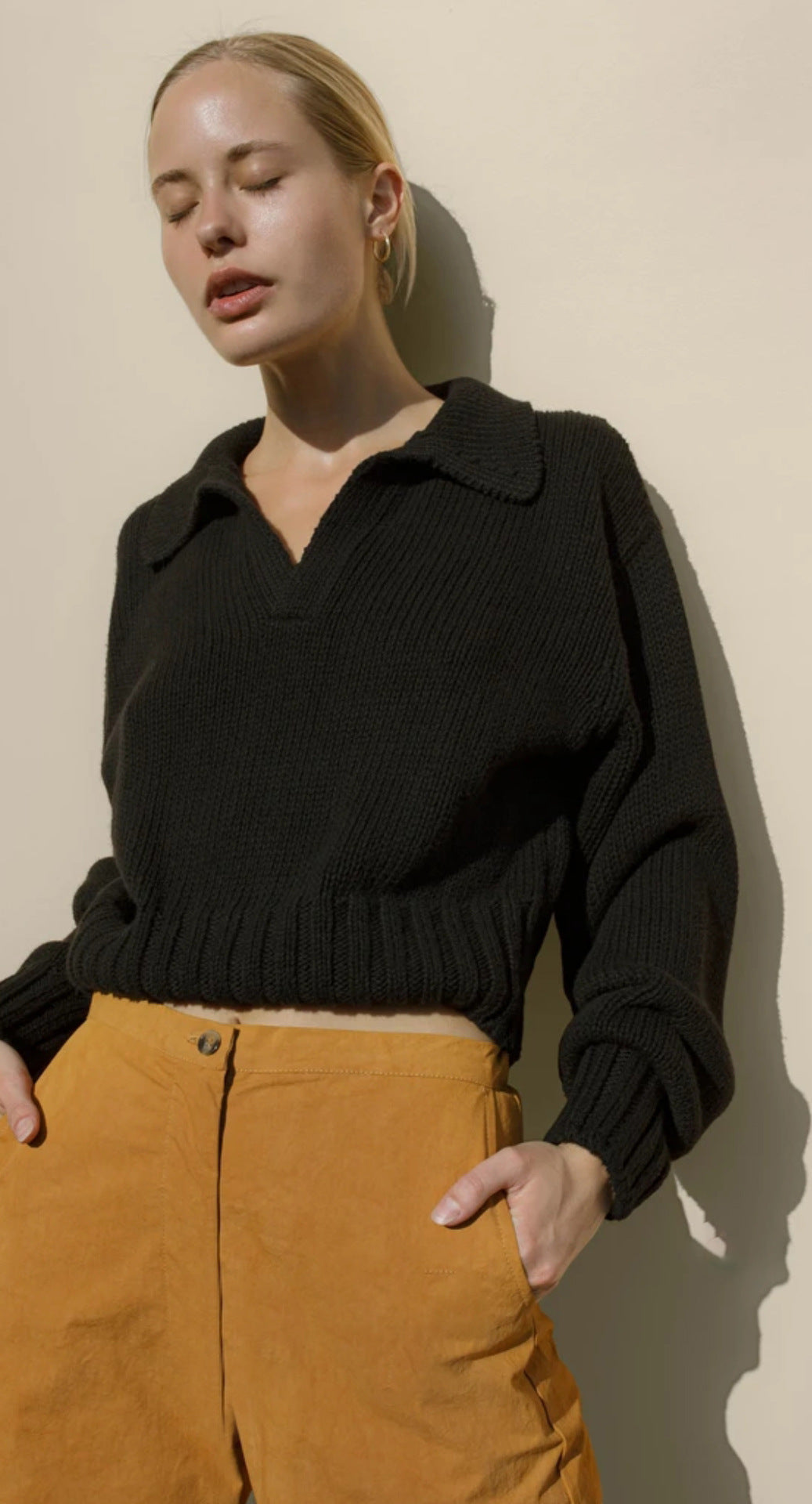 V-neck Knit Pile Collar Polo Sweaters Top