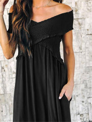 Wrinkle Off The Shoulder Party Vacation Maxi Dresses