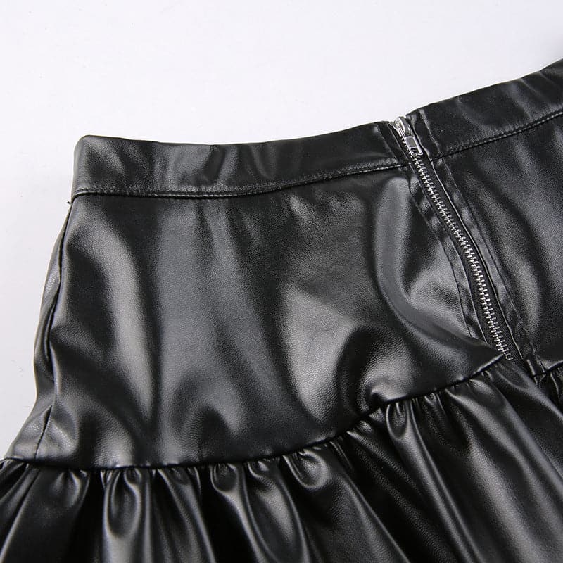 Lace up PU leather ruffle zip-up A line mini skirt