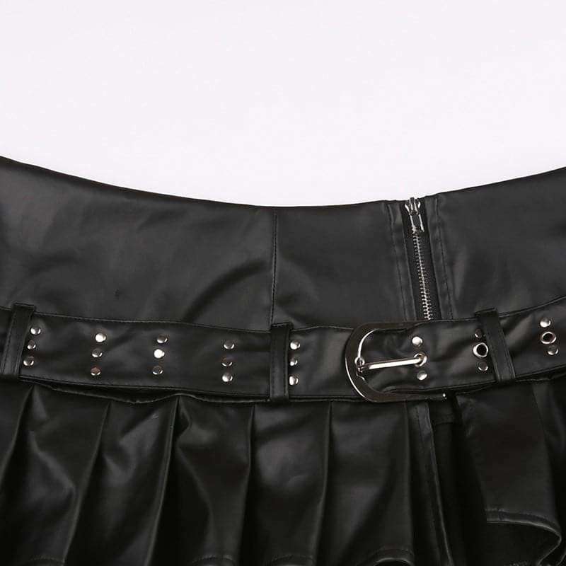 Buckle zip-up pleated low rise PU leather mini skirt