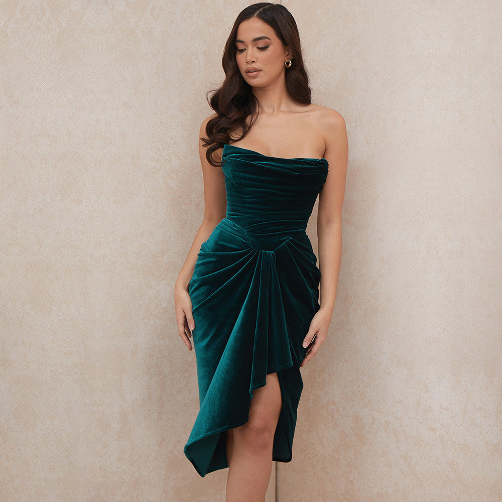 Velvet Strapless Irregular Hem Party Bodycon Midi Dresses