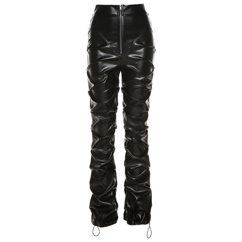 Zip-up ruched PU leather pant