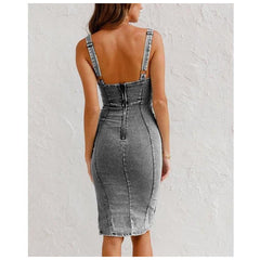 Suspenders Slit Irregular Backless Denim Bodycon Midi Dresses