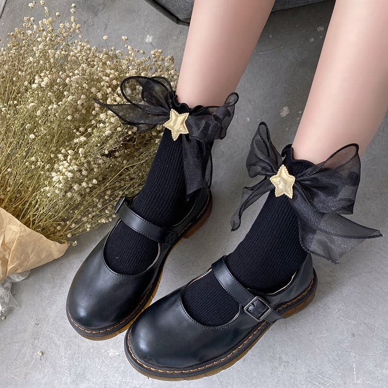 Ruffle bowknot star applique long socks