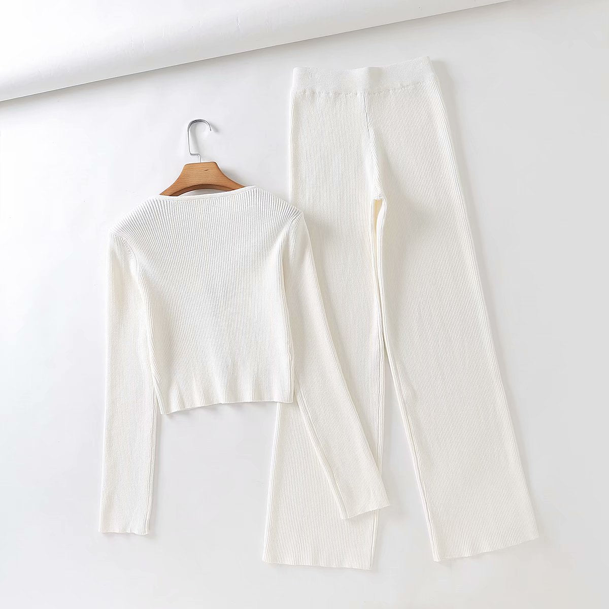 V-neck Knit Loungewear Cardigans Pants Two-piece Set