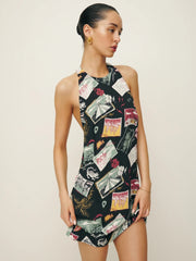 Sleeveless u neck lottery print contrast mini dress