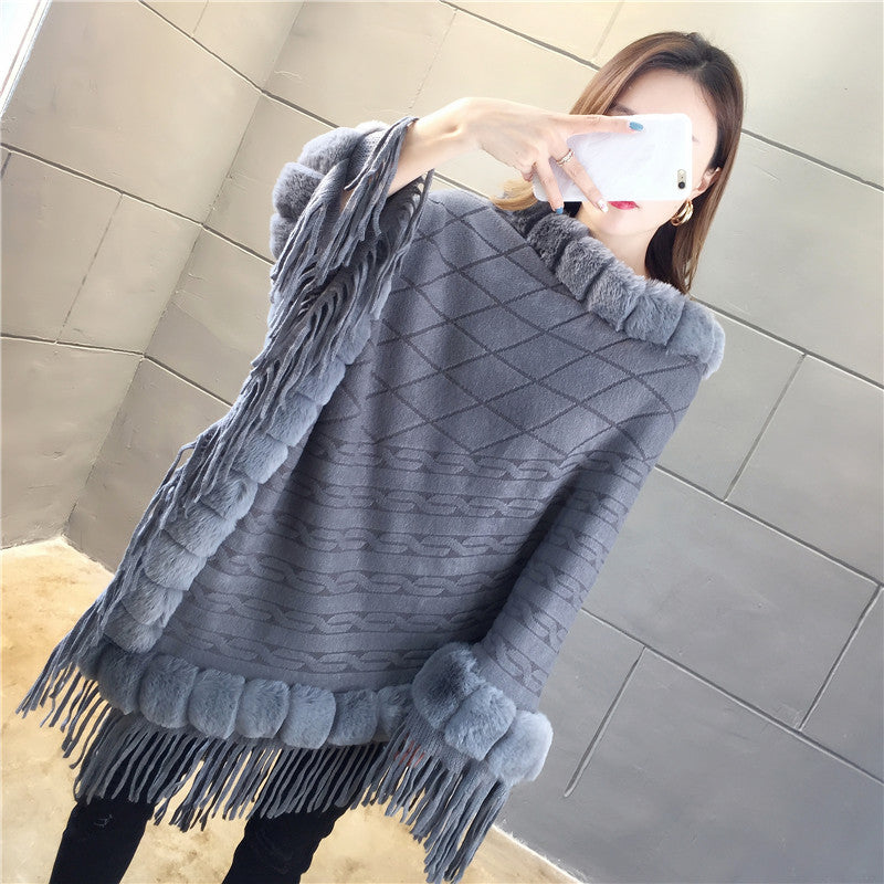Tassel Hem Fur Collar Pullover Sweater Cloak Shawl Cape