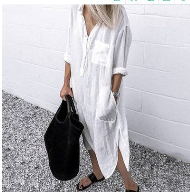 Cotton and Linen Shirt Dress Casual Loose Maxi Dresses