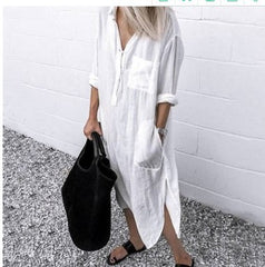 Cotton and Linen Shirt Dress Casual Loose Maxi Dresses