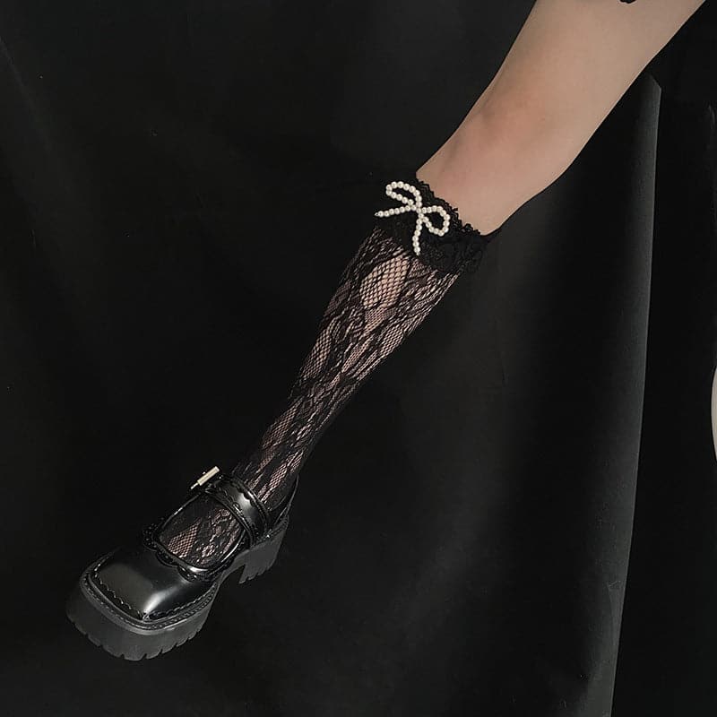 Sheer lace bowknot applique knee high socks