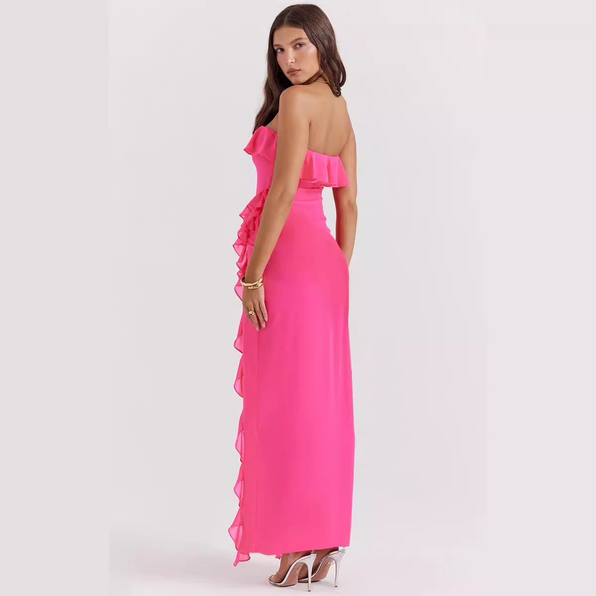 Ruffled Square Collar Long Formal Dress Sleeveless Slit Evening Dress