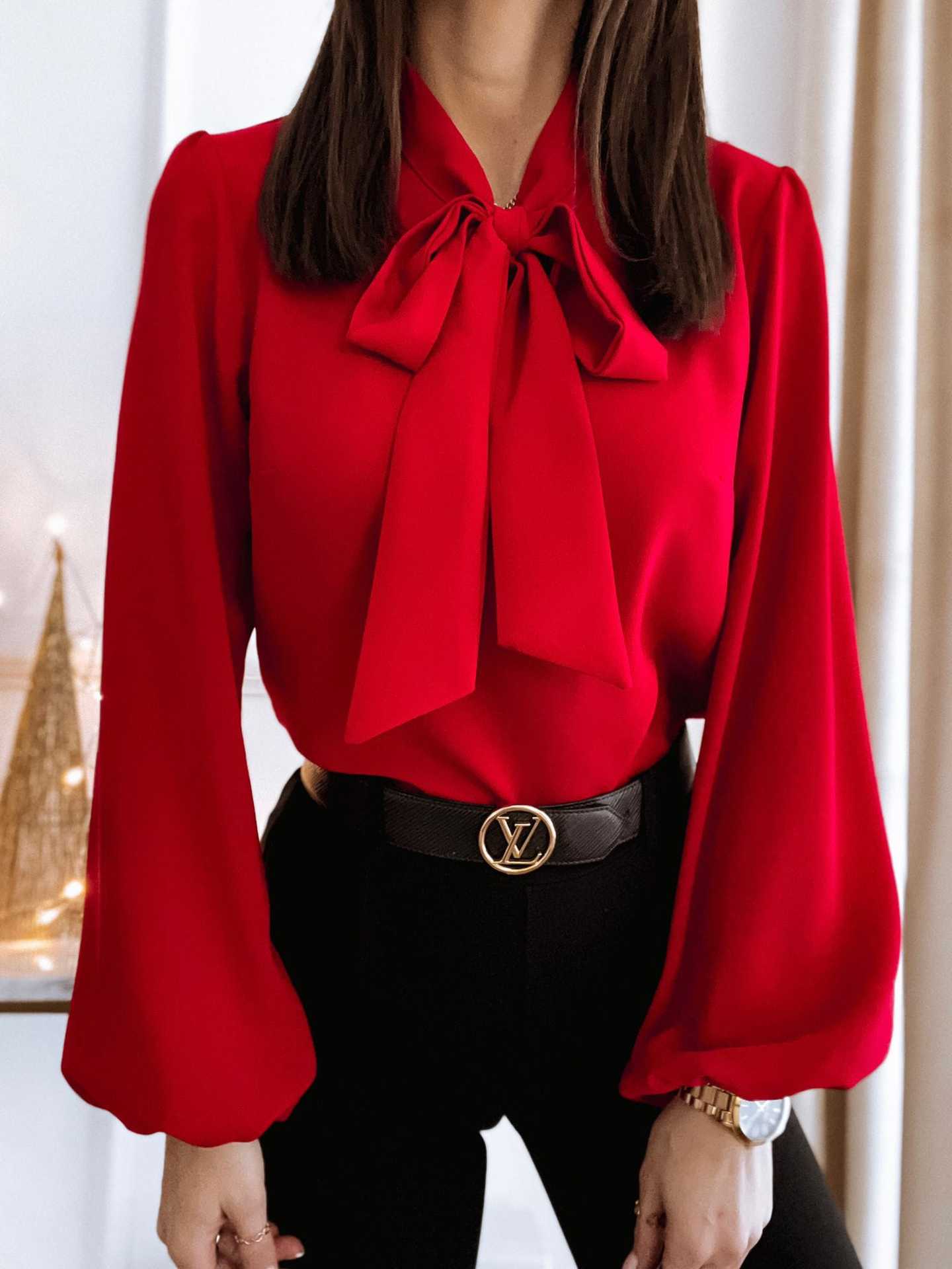 Women Bow Tie Neck Blouses Ruffle Long Sleeve Shirts Button-Down Office Work Casual Tops XS-3XL - Zeagoo (Us Only)