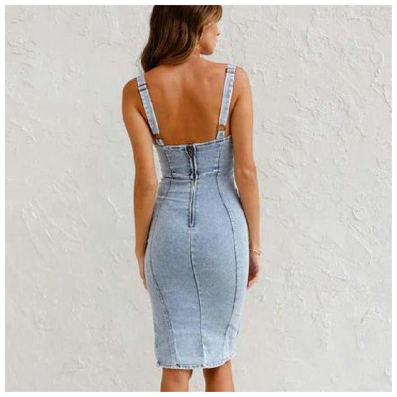 Suspenders Slit Irregular Backless Denim Bodycon Midi Dresses