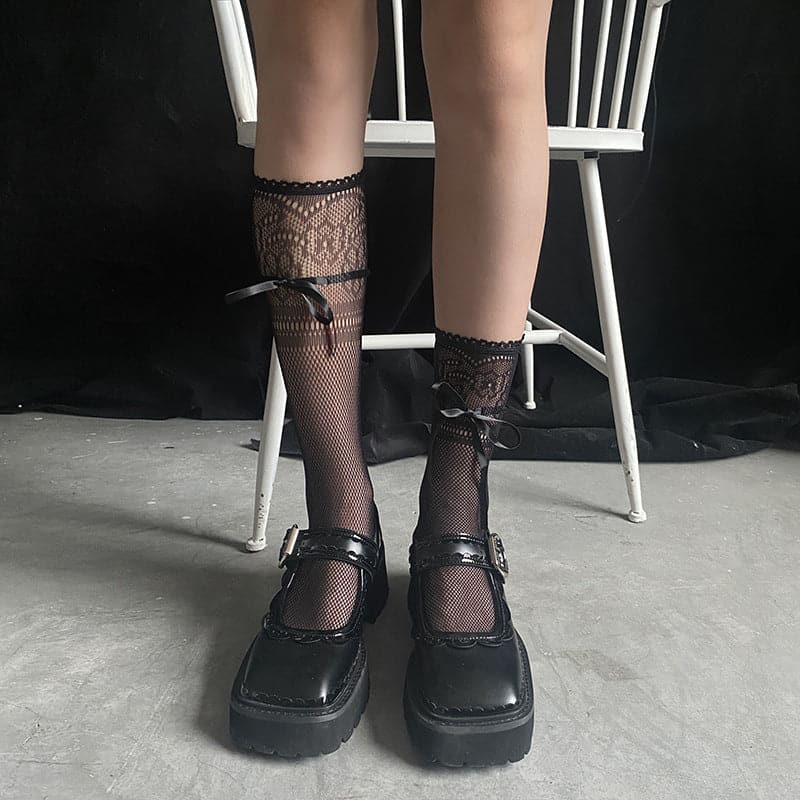 Lace hem bowknot flower pattern knee high socks