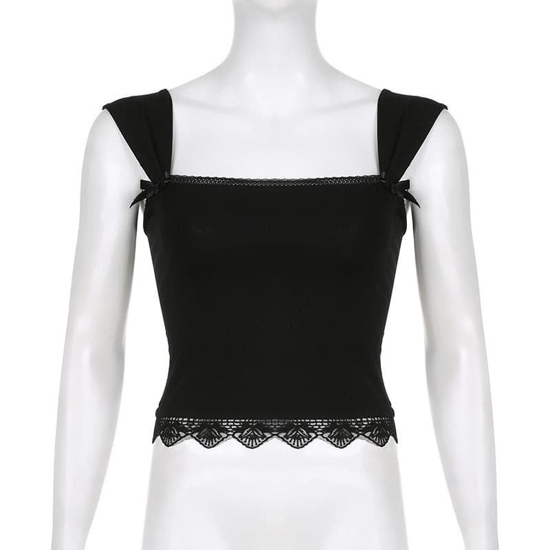 Square neck solid lace hem lace up crop top
