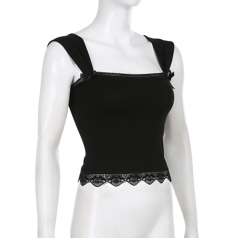 Square neck solid lace hem lace up crop top