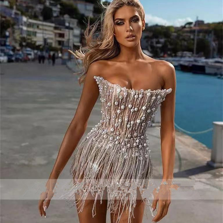 Silver Pearl Sequin Tassel Mini Dress