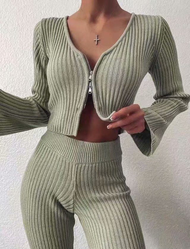 V-neck Knit Loungewear Cardigans Pants Two-piece Set