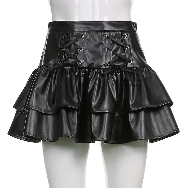 Lace up PU leather ruffle zip-up A line mini skirt