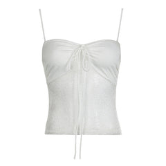Lace solid self tie ruched backless cami top