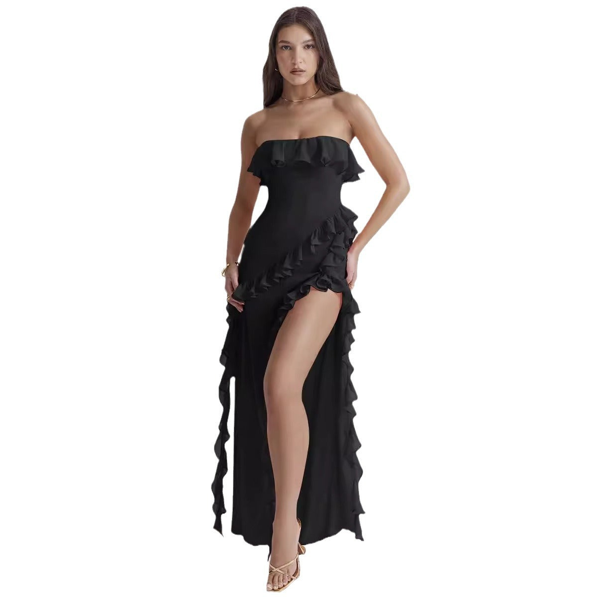 Ruffled Square Collar Long Formal Dress Sleeveless Slit Evening Dress