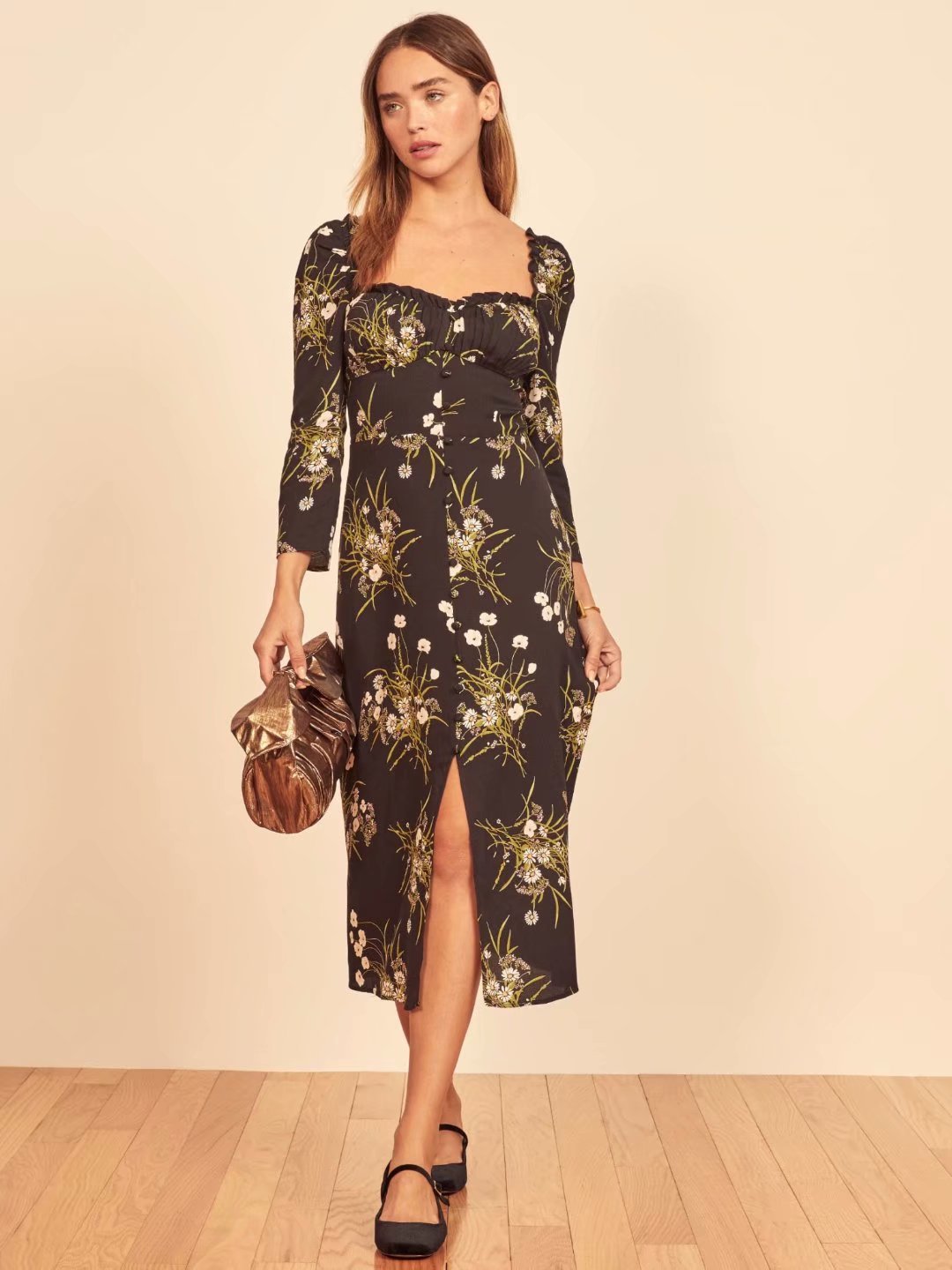 Vintage Backless Square Collar Floral Midi Dresses