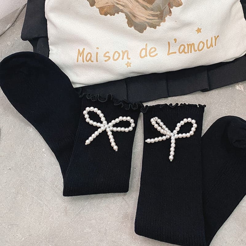 Ruffle faux pearl bowknot long socks